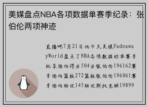 美媒盘点NBA各项数据单赛季纪录：张伯伦两项神迹