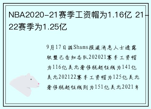 NBA2020-21赛季工资帽为1.16亿 21-22赛季为1.25亿